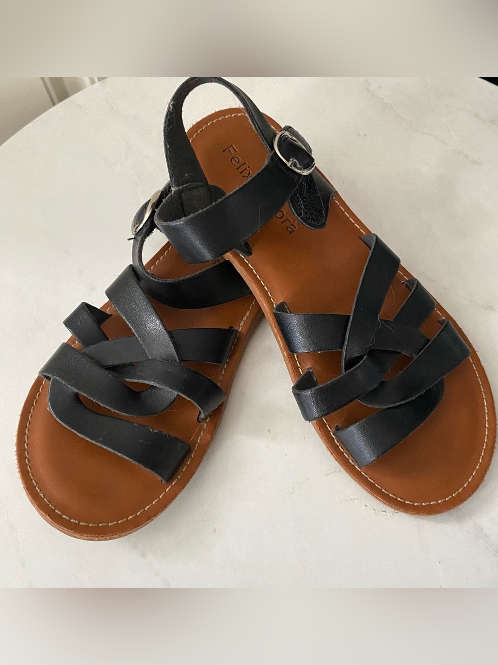 Kids Black Strappy Leather Sandals with Buckle